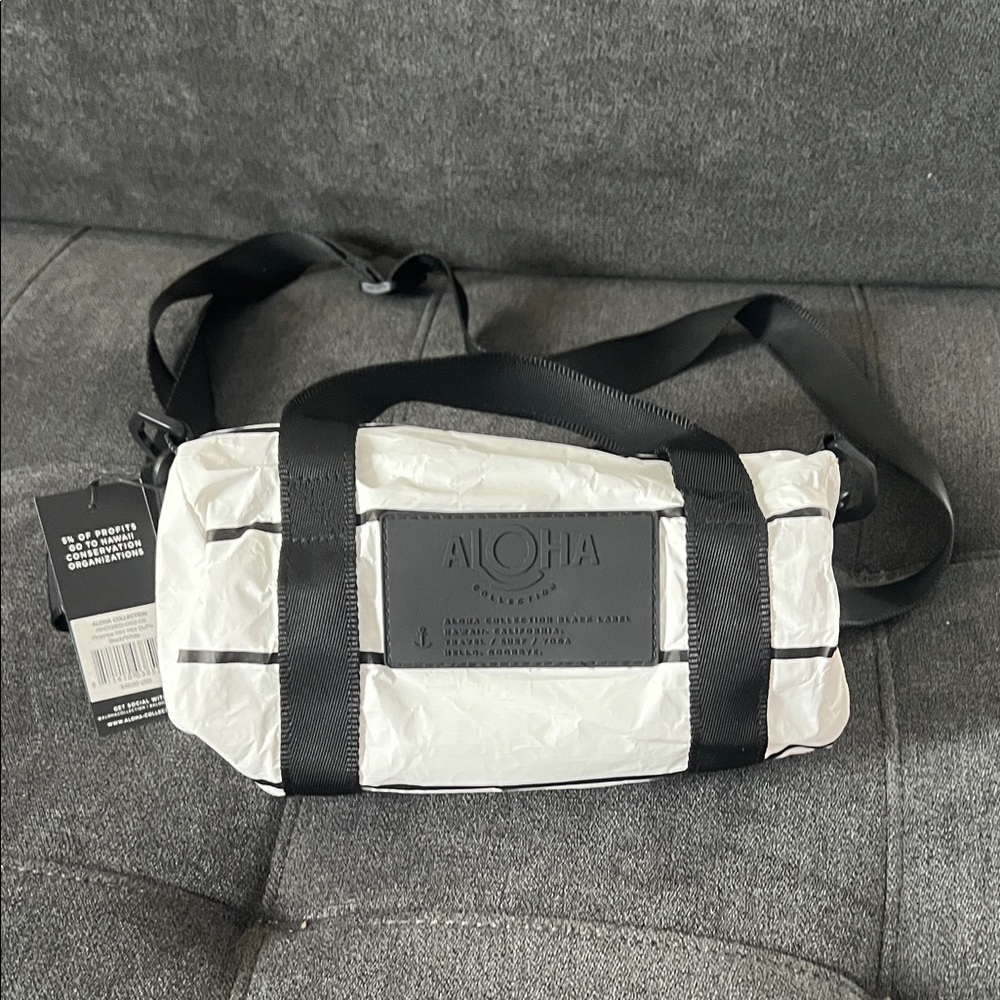 NWT ALOHA Collection Pinstripe Mini Duffle in black/white.